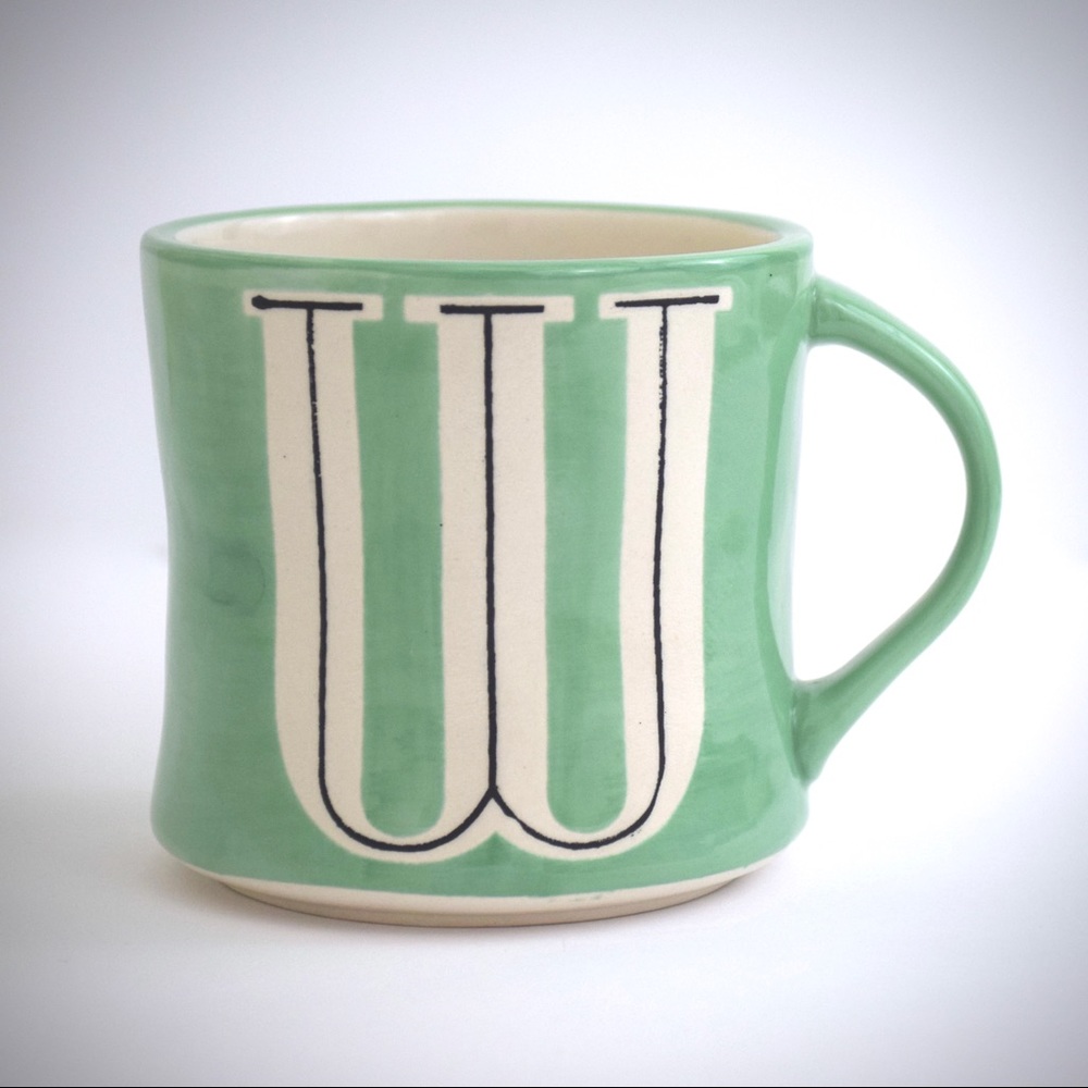 Anthropologie Initial W Monogram Stoneware Mug Green Coffee Cup HandPainted 14oz